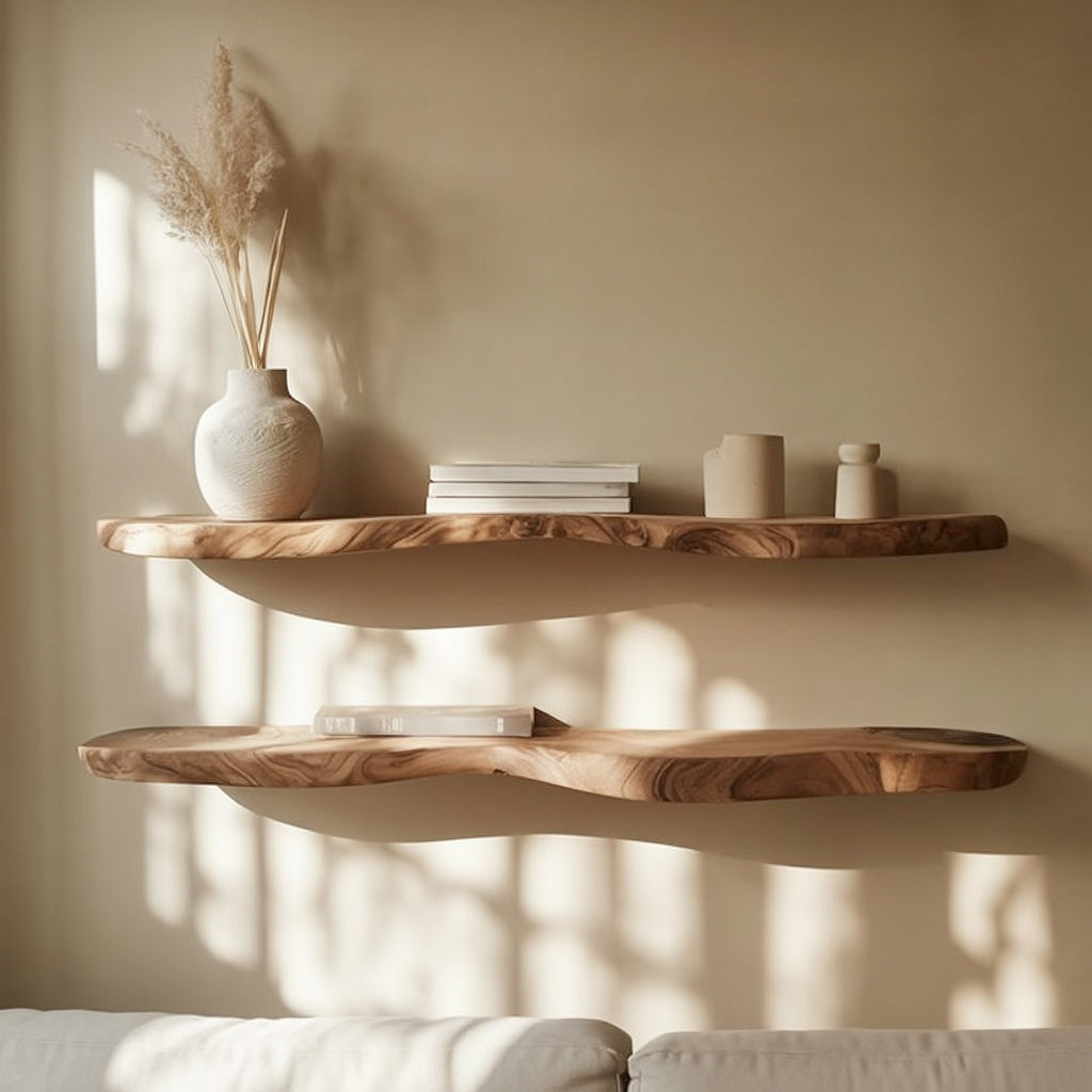 Handgefertigtes rustikales Wandregal aus Massivholz mit natürlicher Live Edge