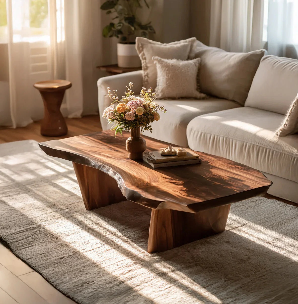 Rustikaler handgemachter Couchtisch aus Massivholz im Wohnzimmer mit Detail der natürlichen Maserung