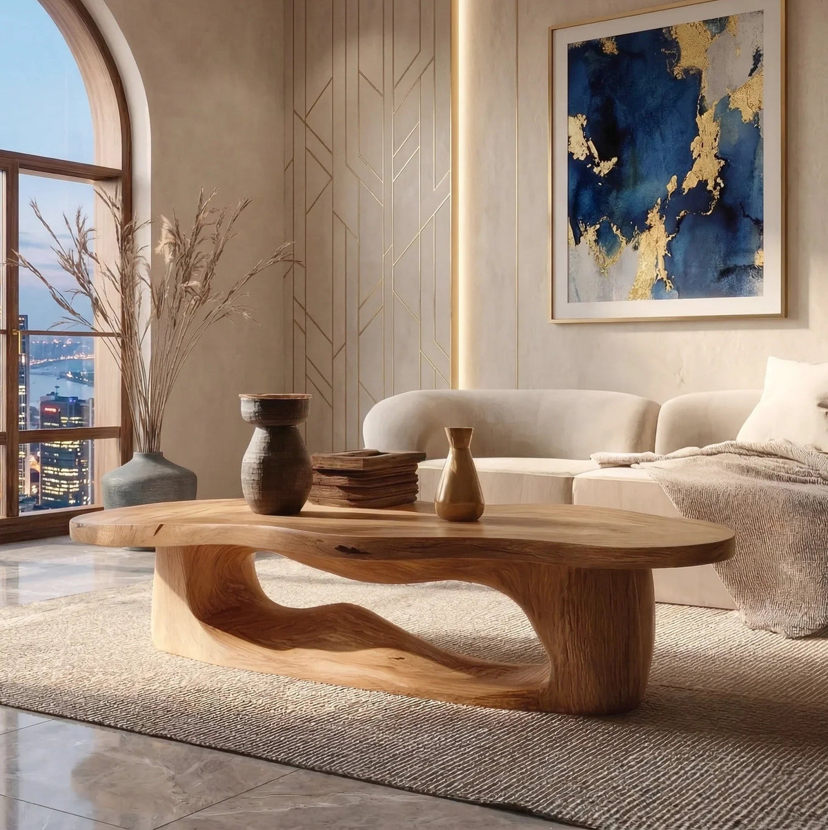 Mid-Century-Modern-Couchtisch im Wohnzimmer mit minimalistischem Dekor und Sofa