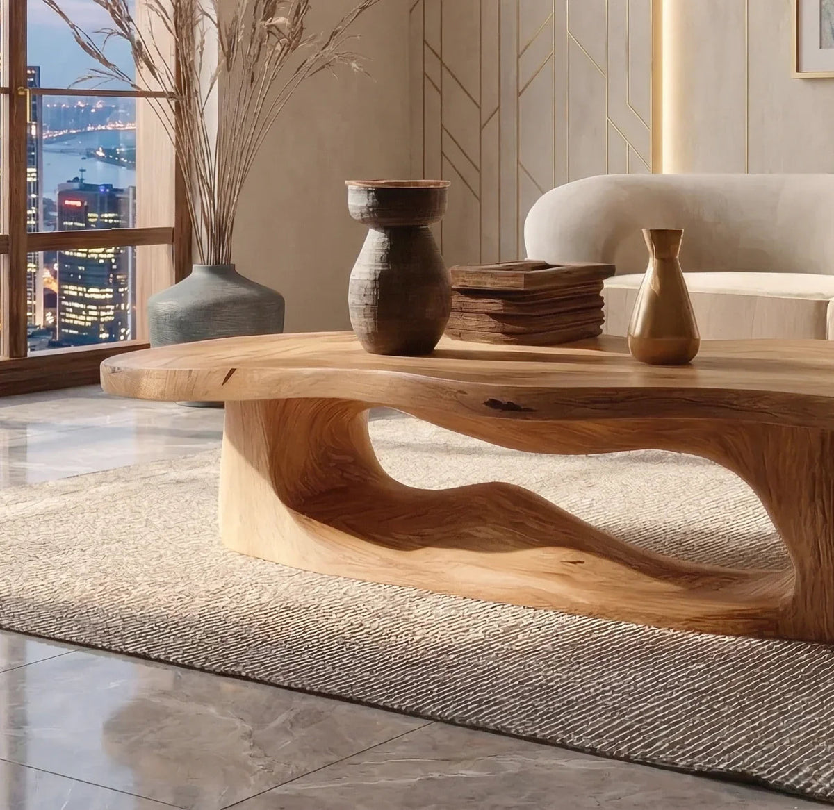 Mid-Century-Modern-Couchtisch im Wohnzimmer mit minimalistischem Dekor und Sofa