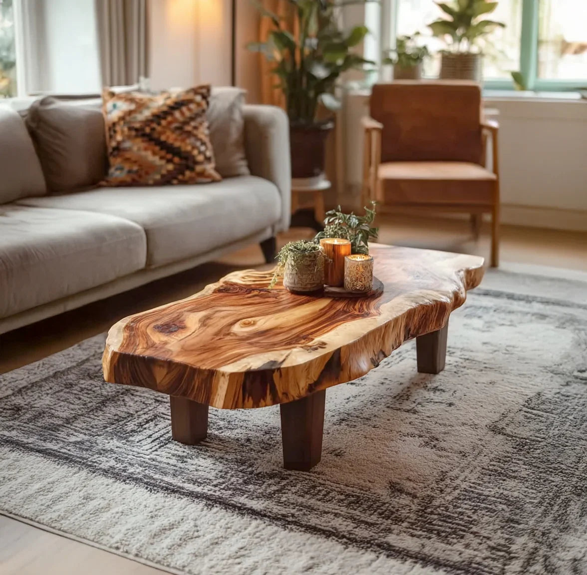 Couchtisch aus Naturholz im Vintage-Stil in einem gemütlichen Wohnzimmer mit warmem Dekor