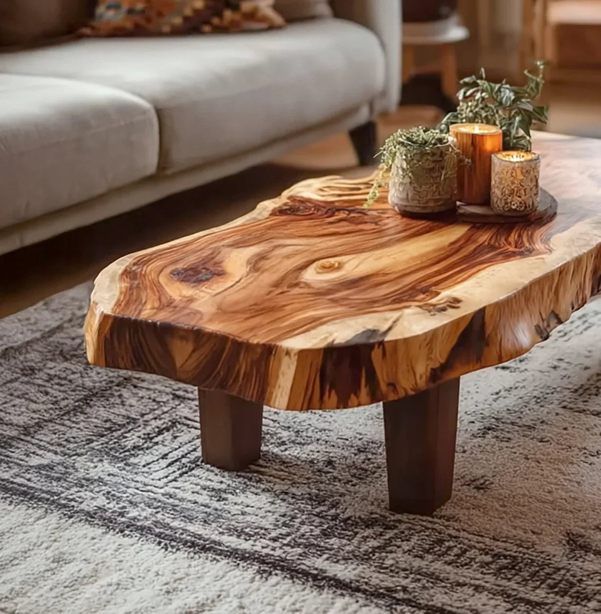 Couchtisch aus Naturholz im Vintage-Stil in einem gemütlichen Wohnzimmer mit warmem Dekor