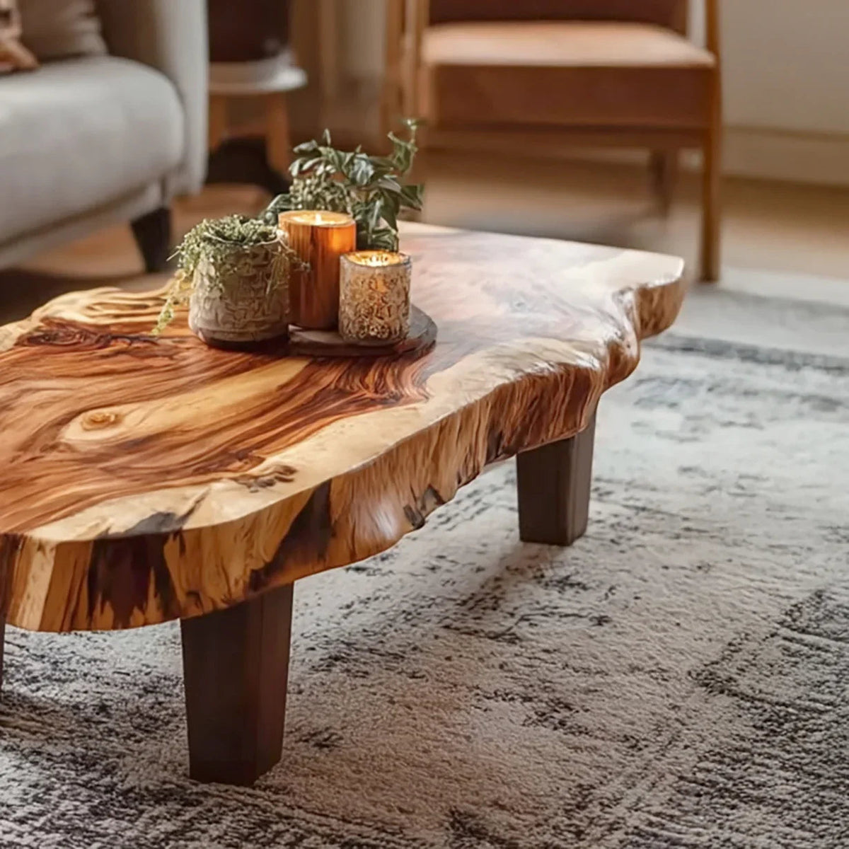 Couchtisch aus Naturholz im Vintage-Stil in einem gemütlichen Wohnzimmer mit warmem Dekor