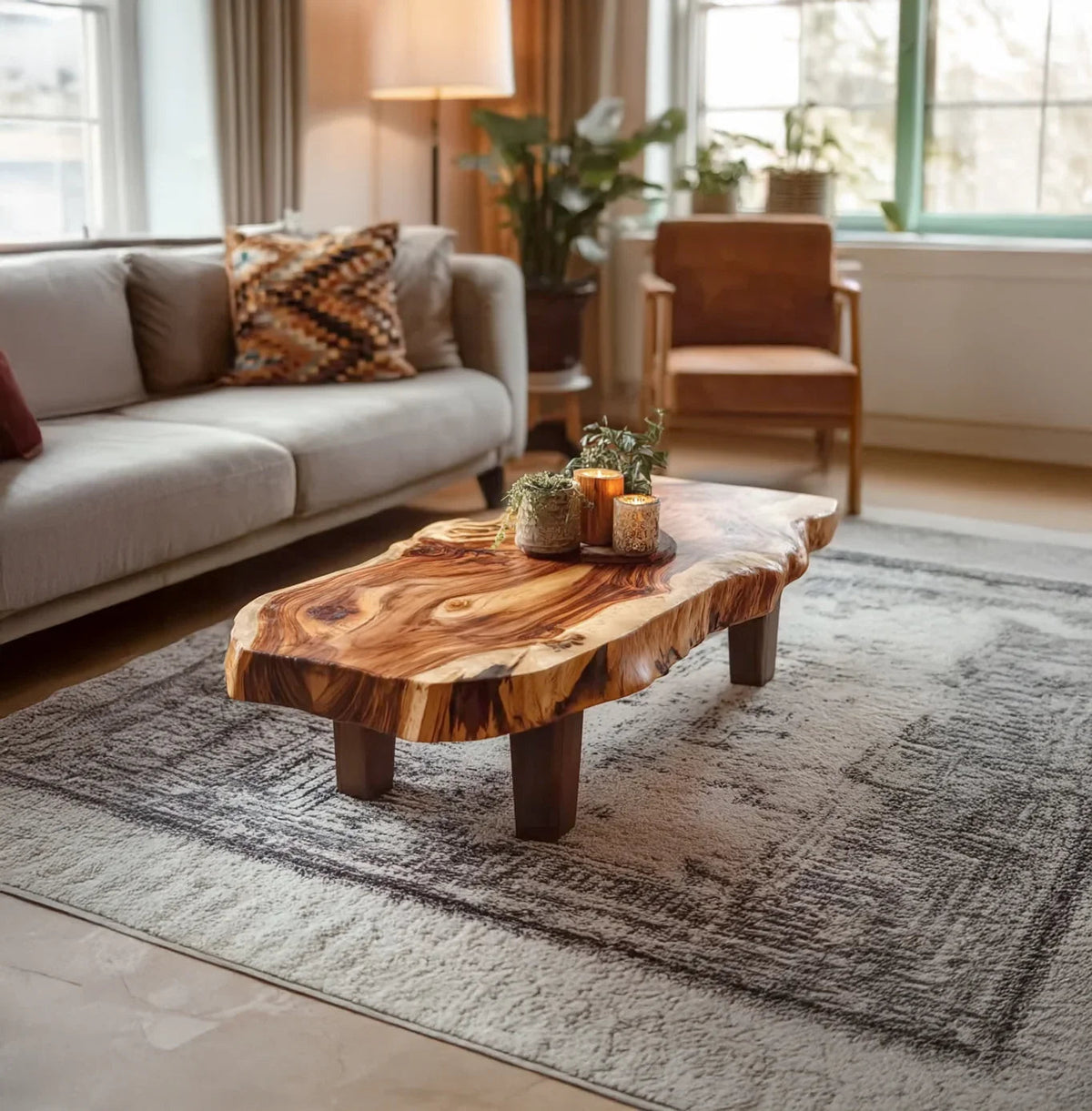 Couchtisch aus Naturholz im Vintage-Stil in einem gemütlichen Wohnzimmer mit warmem Dekor