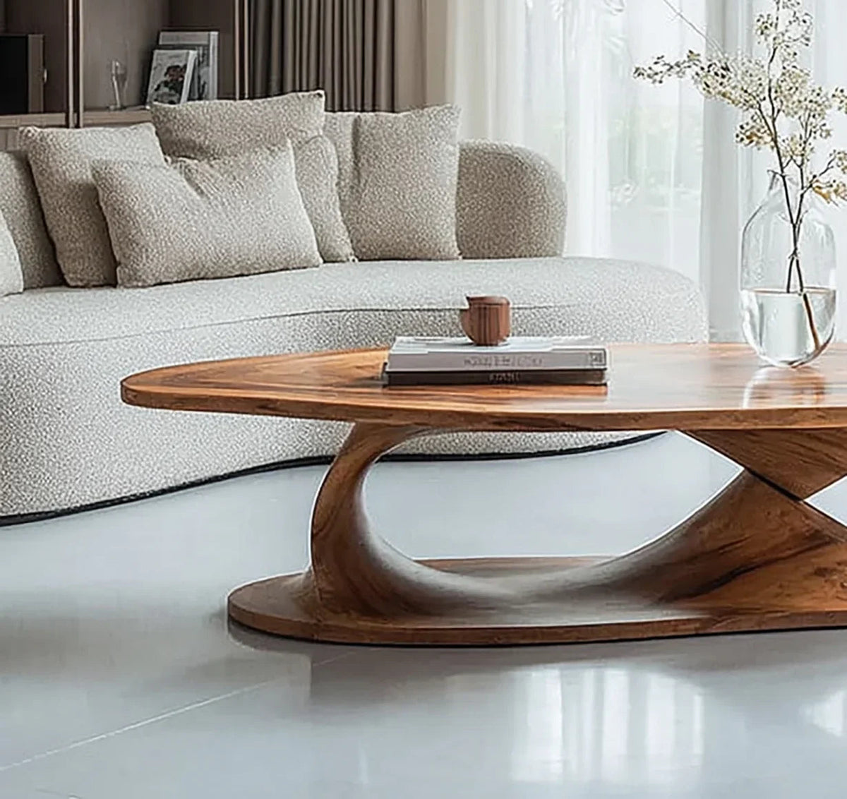 Handgemachter Baumkanten-Couchtisch aus Holz mit rustikalem Landhaus-Bockfuß im Wohnzimmer