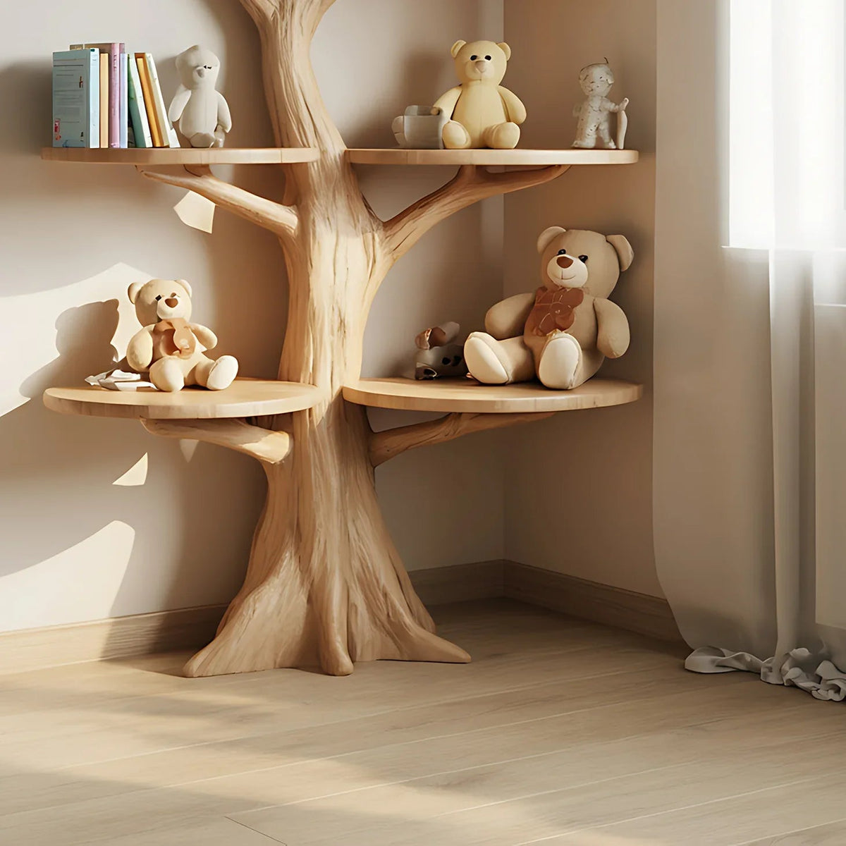 Baum-Bücherregal in der Babyzimmerecke neben einem Fenster mit Plüschtieren und Büchern