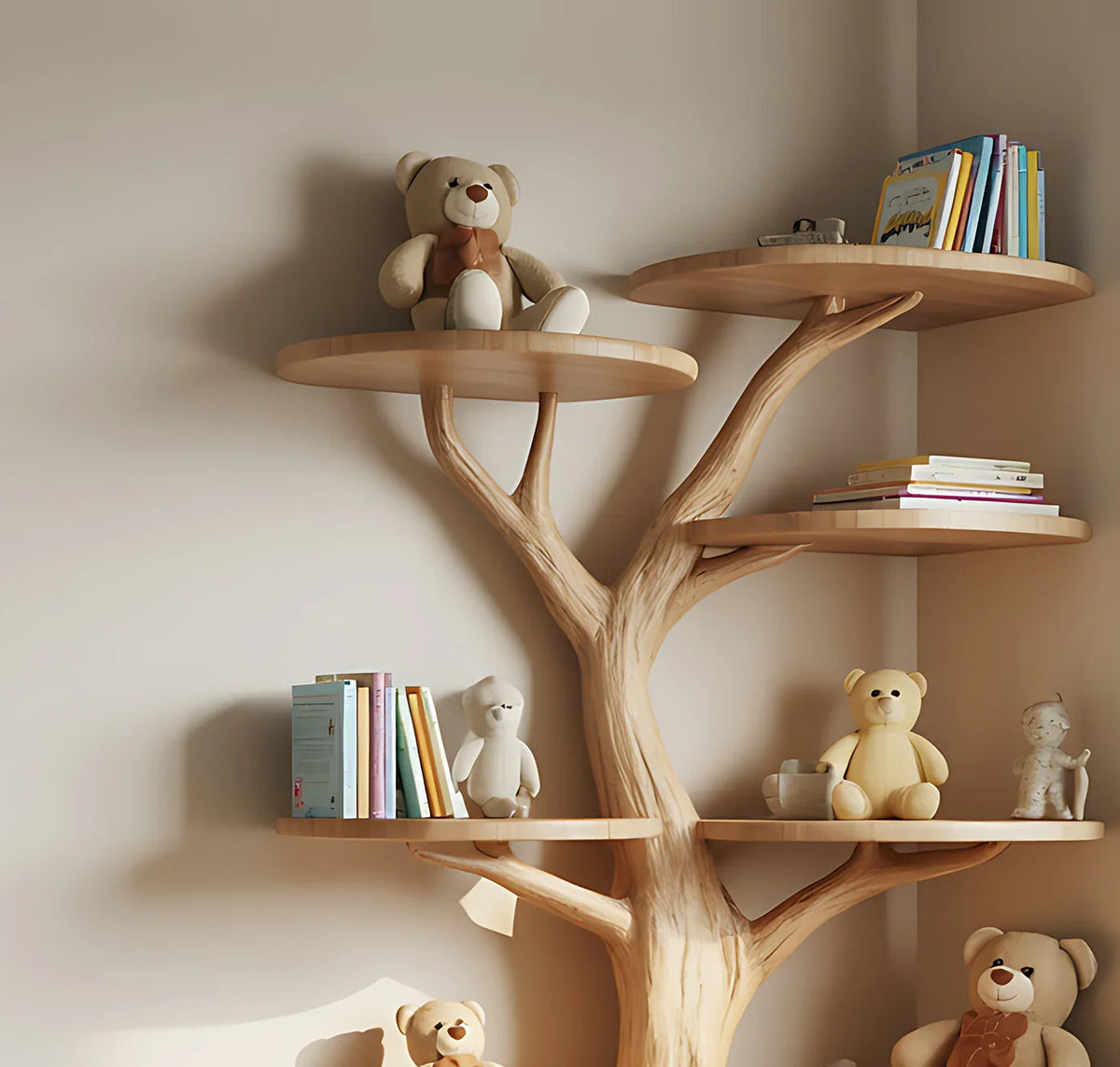 Handgemachtes Kinder-Baum-Bücherregal aus Massivholz mit Kuscheltieren im Spielzimmer