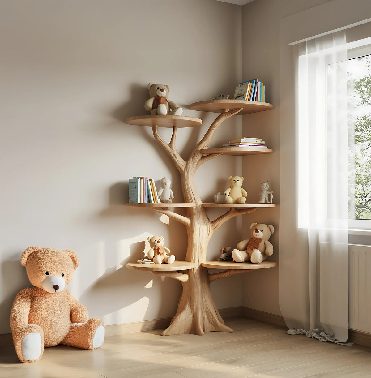 Baum-Bücherregal für Kinder in der Ecke, dekoriert mit niedlichen Teddybären