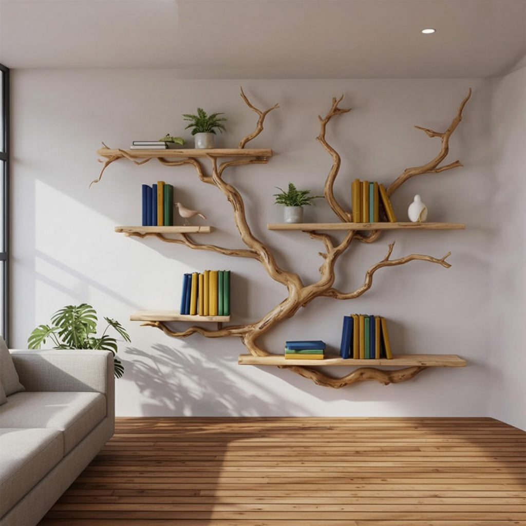 Handgefertigtes Baum-Wandbücherregal – Skulpturales Holzdesign