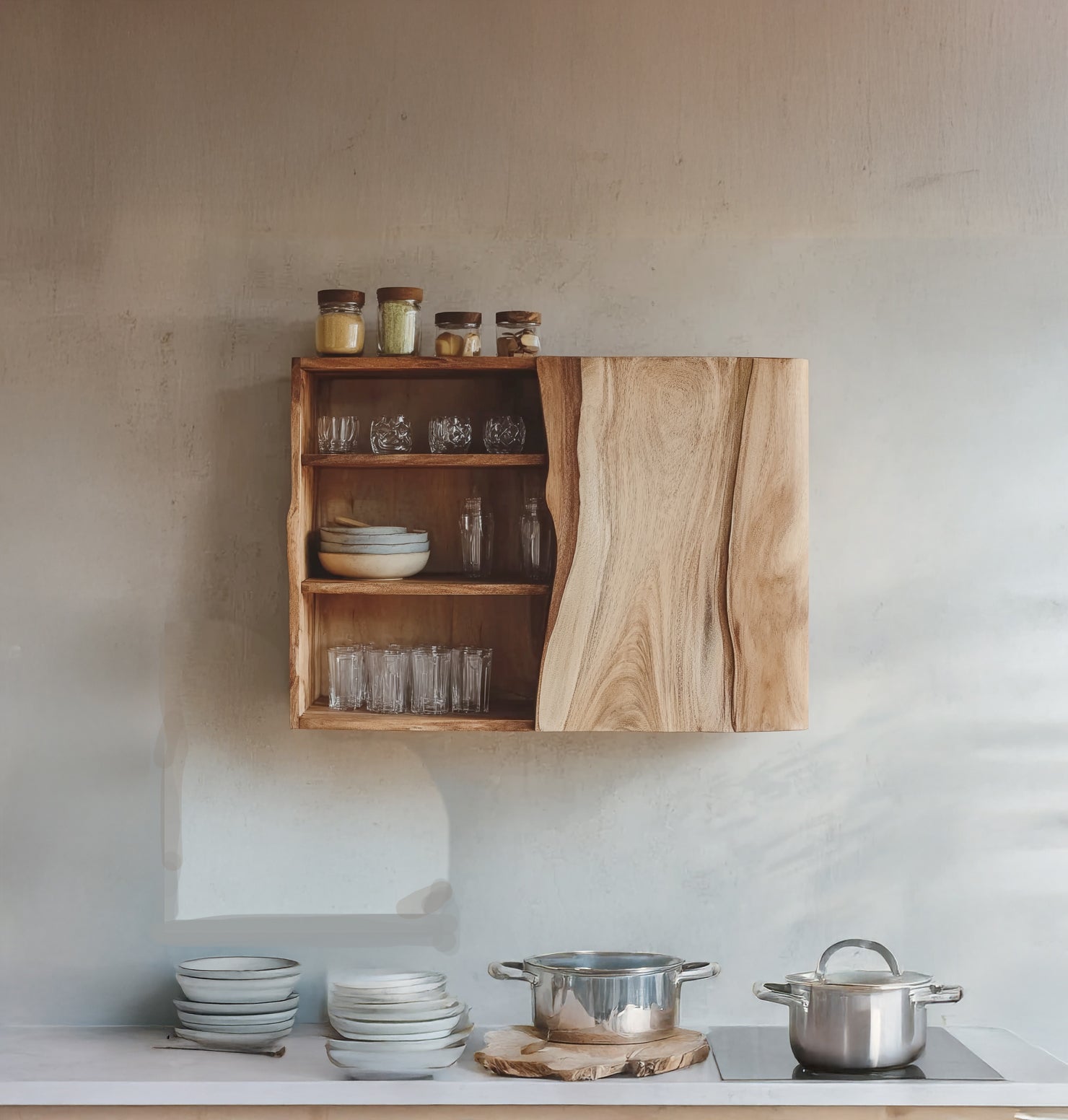 Handgefertigter Massivholz-Wandschrank mit Naturkante – Rustikales Küchenregal