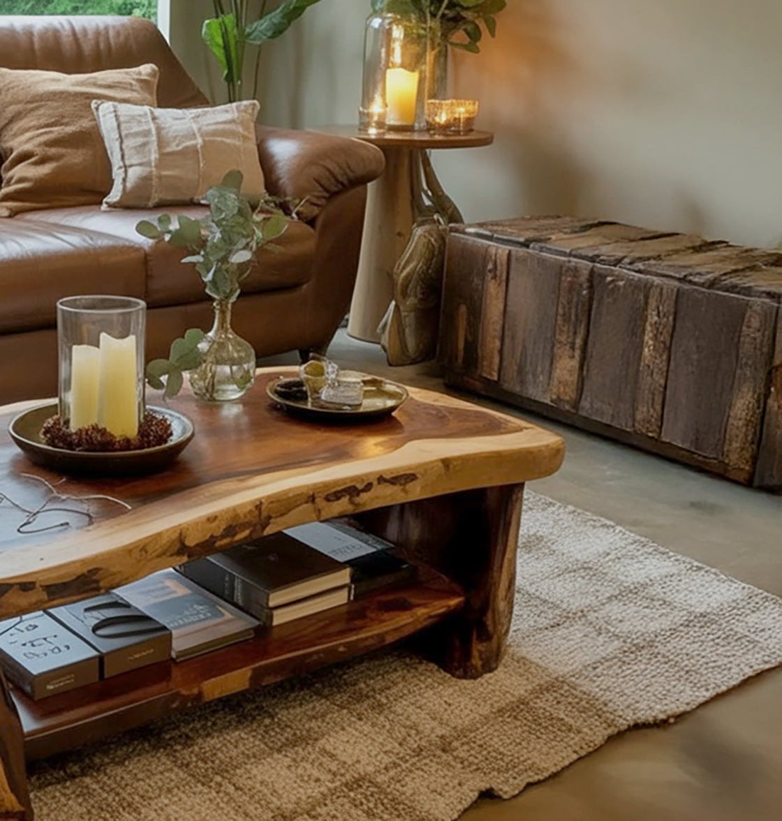 Handgefertigter Couchtisch mit Live Edge – Massivholz-Tisch mit Ablage