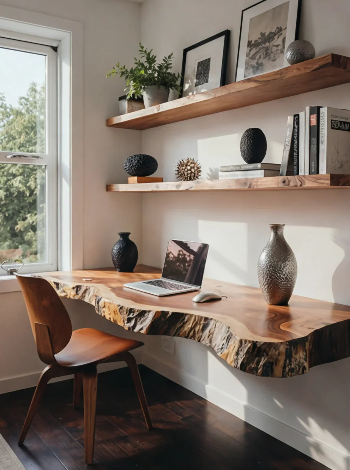 Baumkanten-Holzschreibtisch mit Laptop und modernem Stuhl, schwebende Holzregale mit Pflanzen und Deko in einem hellen Homeoffice. Schreibtisch mit Schwebregalen, Arbeitsplatz aus Massivholz.