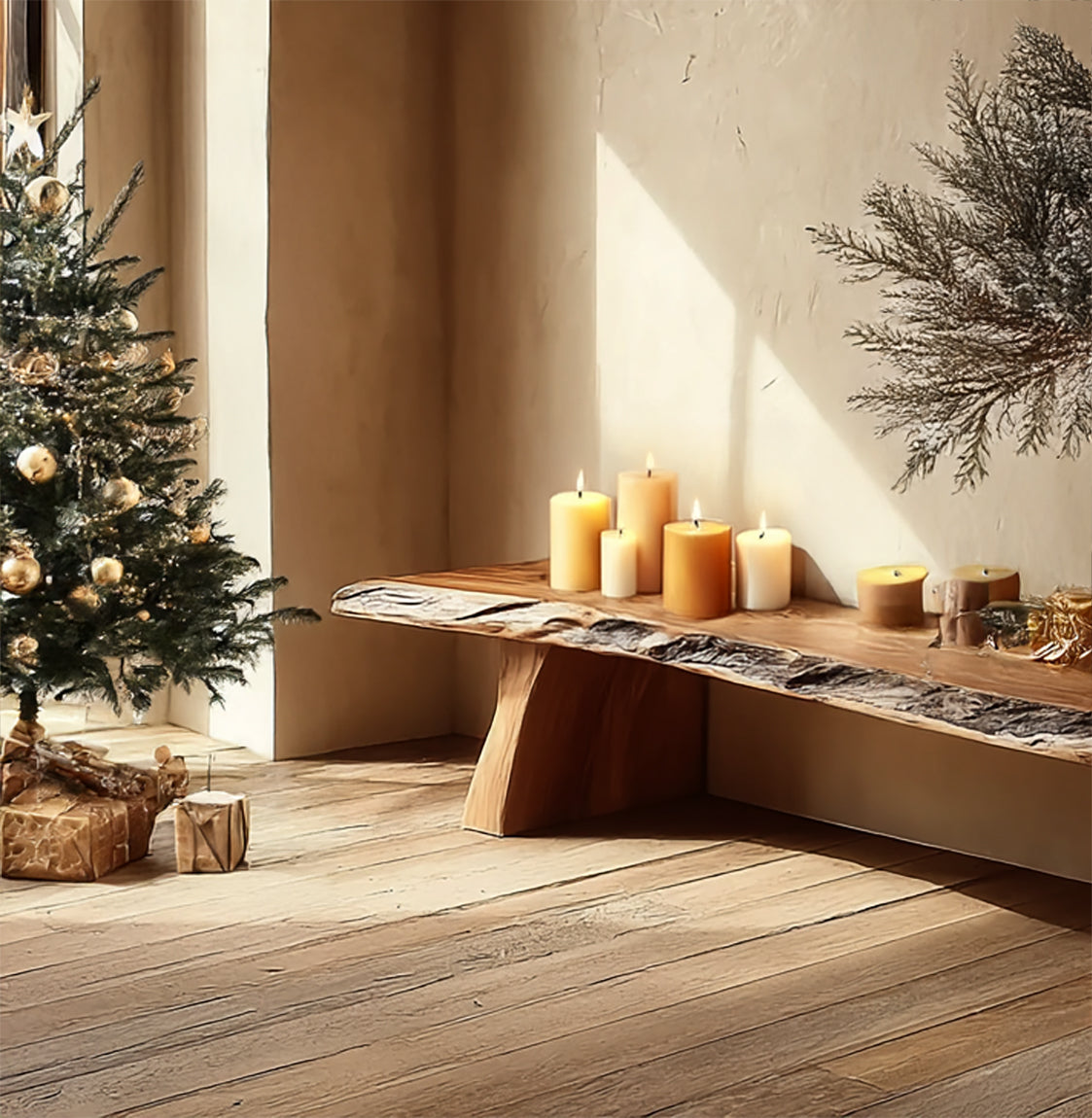 Handgefertigte Holzbank – Massivholz-Slabentisch mit Baumkante für rustikale Deko