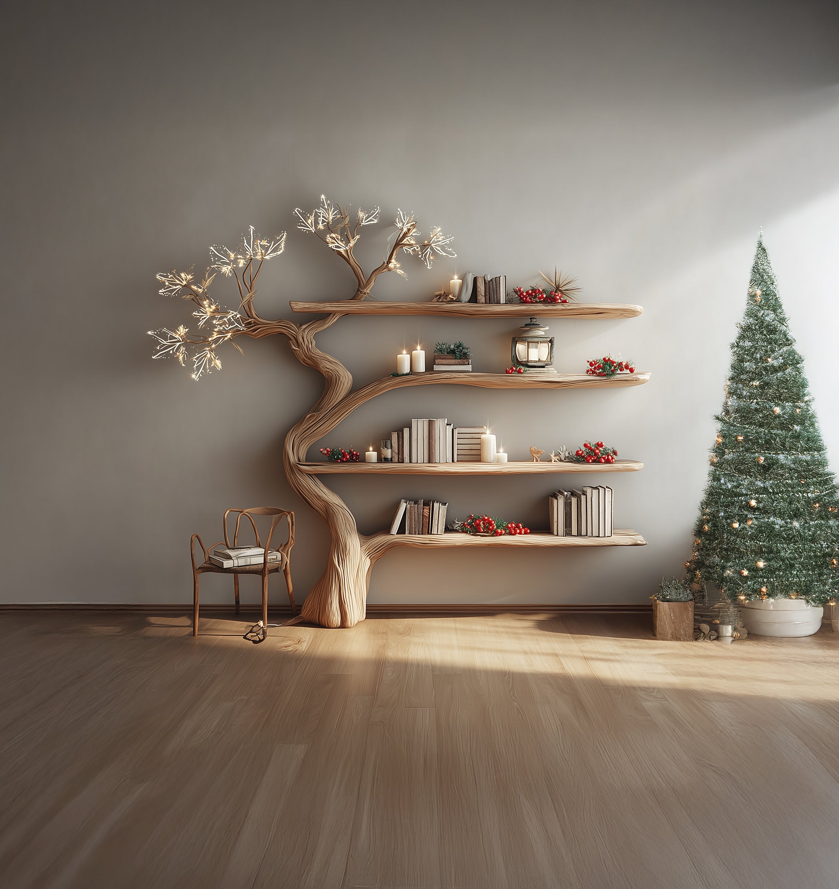 Handgefertigtes Baumregal – rustikales, wandmontiertes Bücherregal aus Holz für dein Zuhause