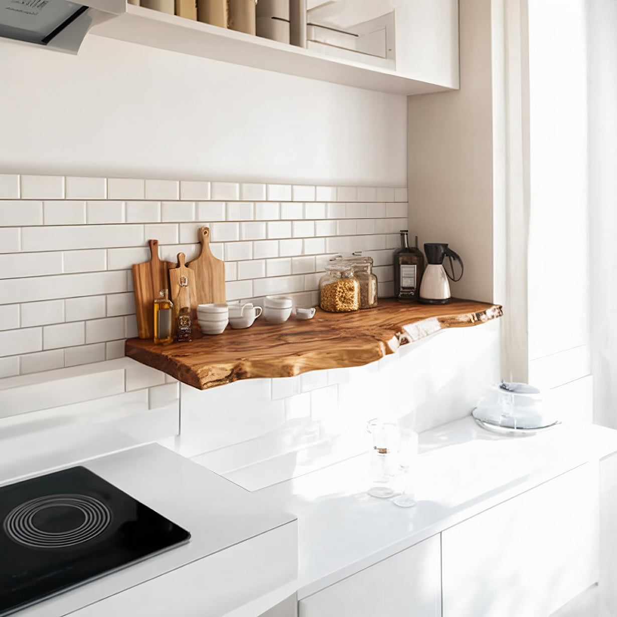 Schwebendes Küchenregal aus Walnuss mit Naturkante – Massivholz