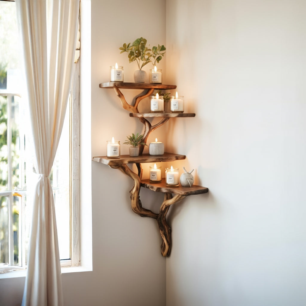 Schwebendes Eckregal aus Massivholz – Wandregal aus Treibholz-Ast