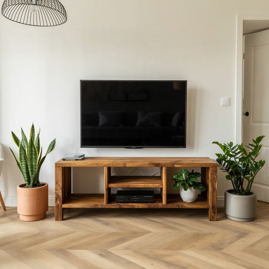 Handgefertigtes rustikales TV-Regal mit Stauraum – Schrank aus recyceltem Massivholz