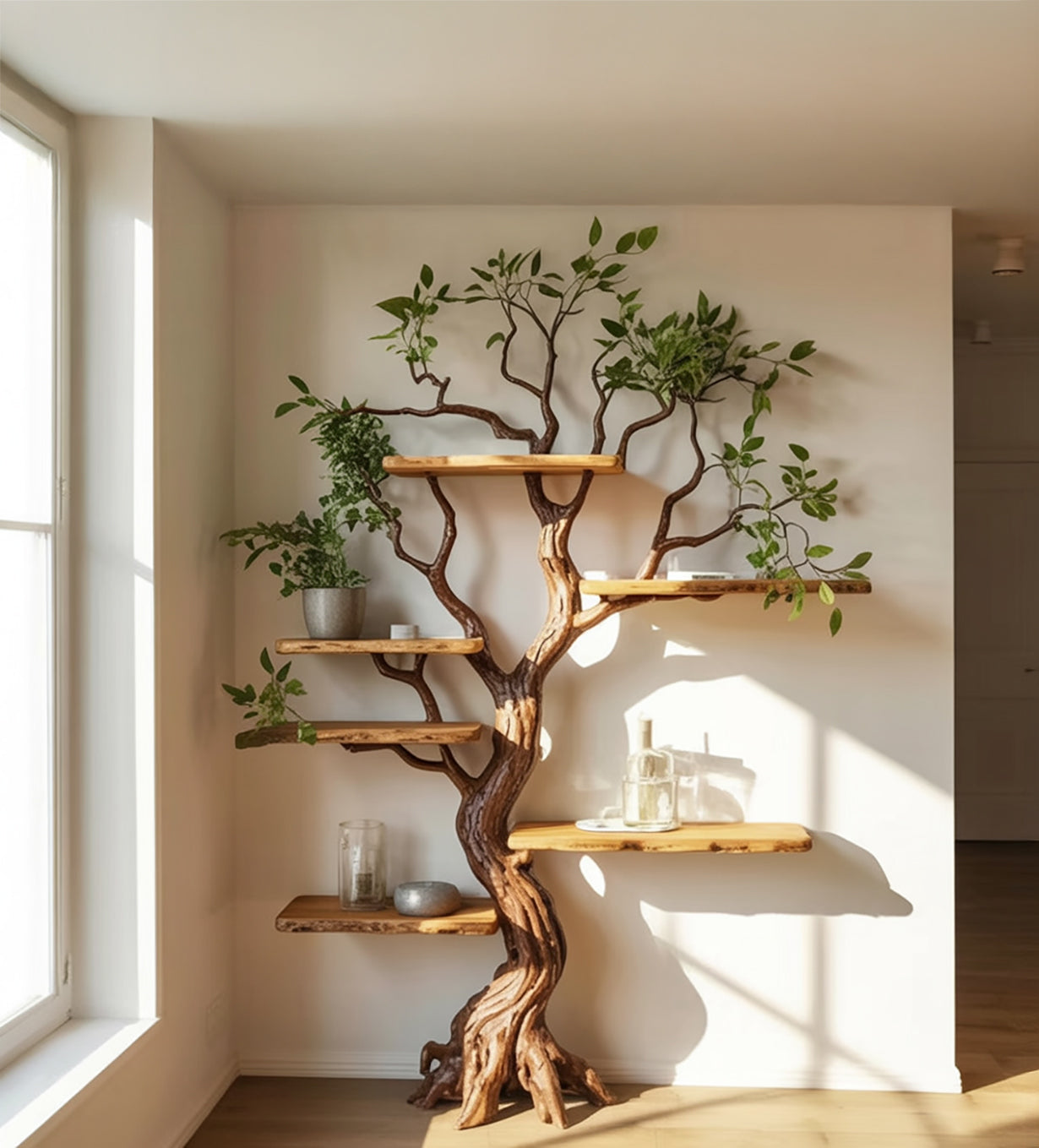 Handgefertigtes Massivholz-Bücherregal – Live Edge Ast Design für Wohnkultur