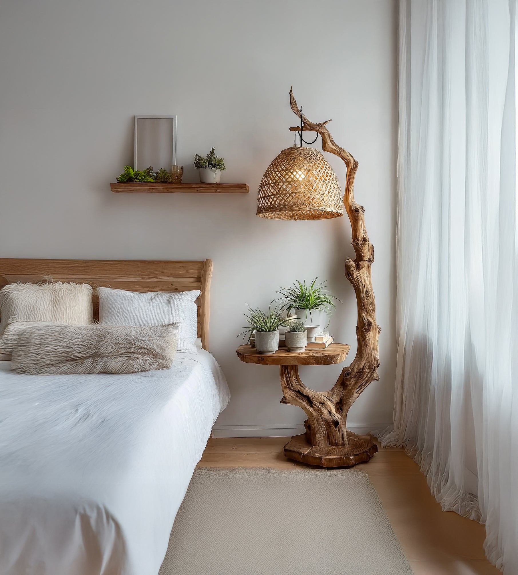 Treibholz-Stehlampe mit Beistelltisch und elegantem Rattanschirm