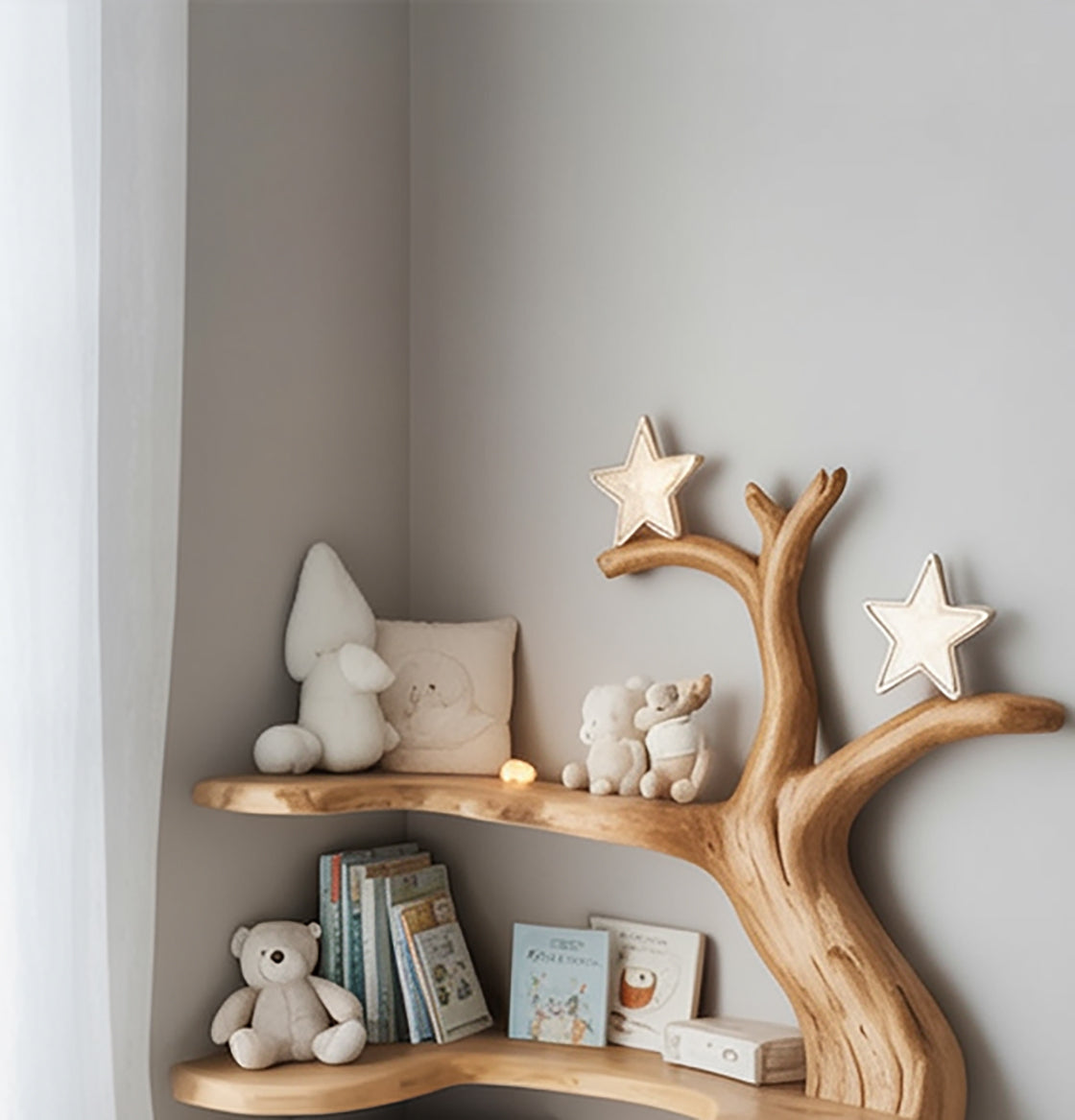 Handgefertigtes Holz-Baumregal für Kinder – rustikales Eckregal fürs Zimmer