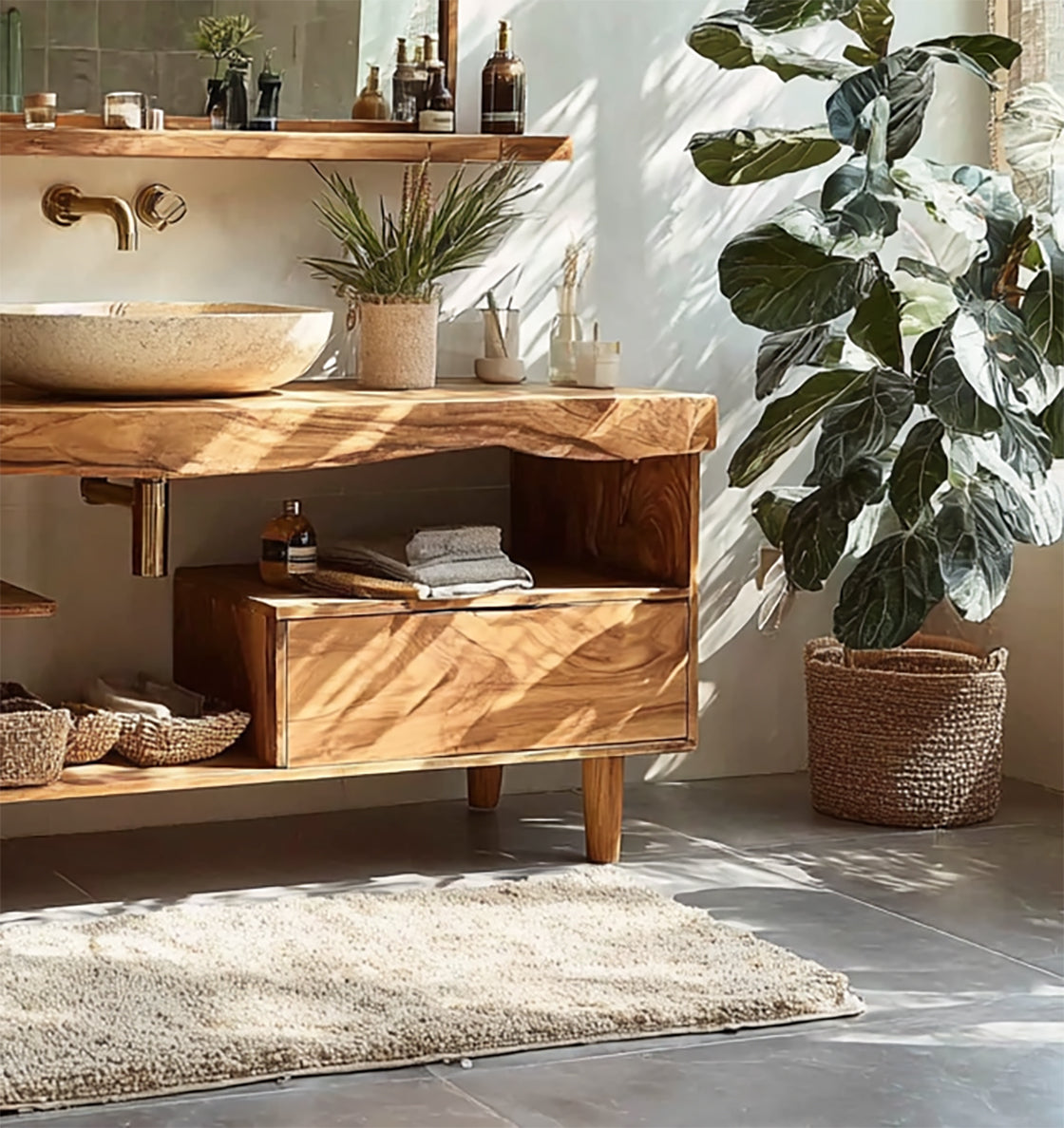 Rustikaler Teak-Badezimmer-Waschtisch – handgefertigt mit Stauraum
