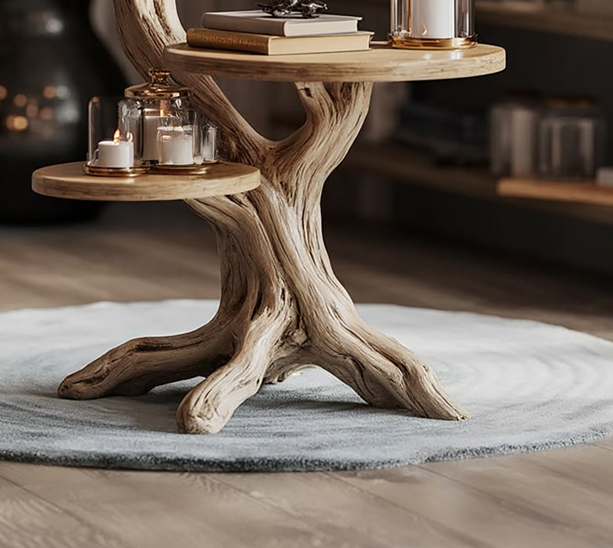 Handgefertigter Beistelltisch aus Massivholz im skulpturalen Baumdesign