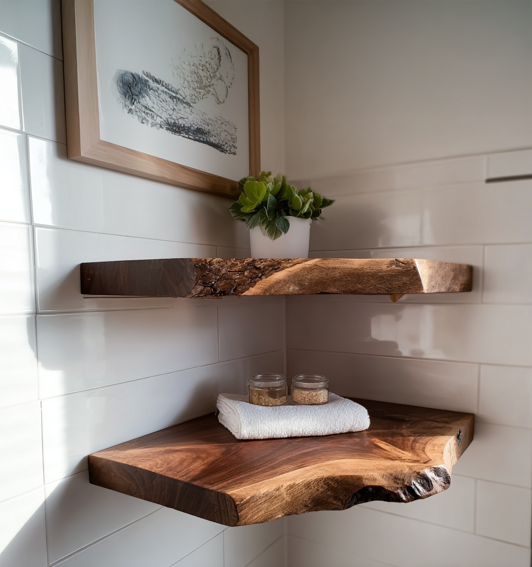 Eckregal aus Holz mit natürlicher Baumkante – rustikale Walnuss, ideal für Weihnachtsdeko & Geschenke.