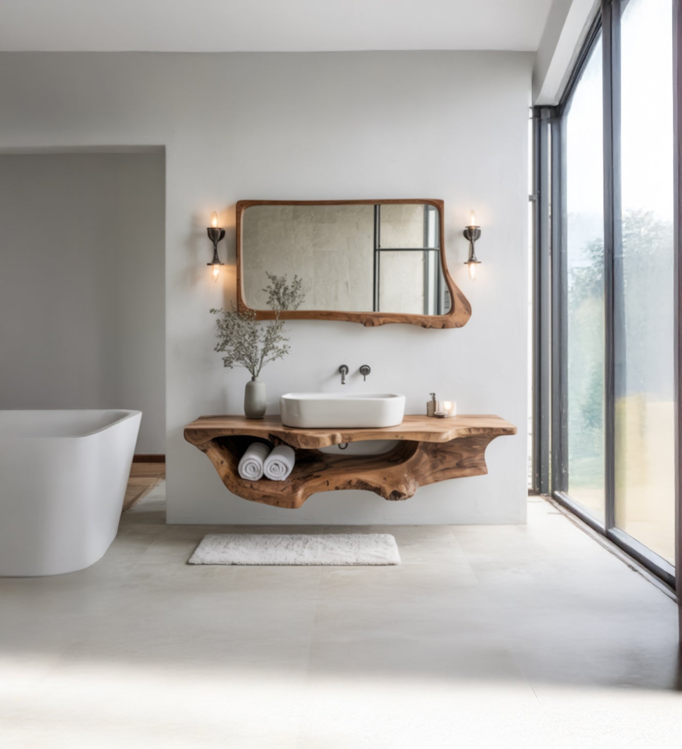 Schwebewaschtisch aus Walnussholz mit Baumkante – rustikales Badregal