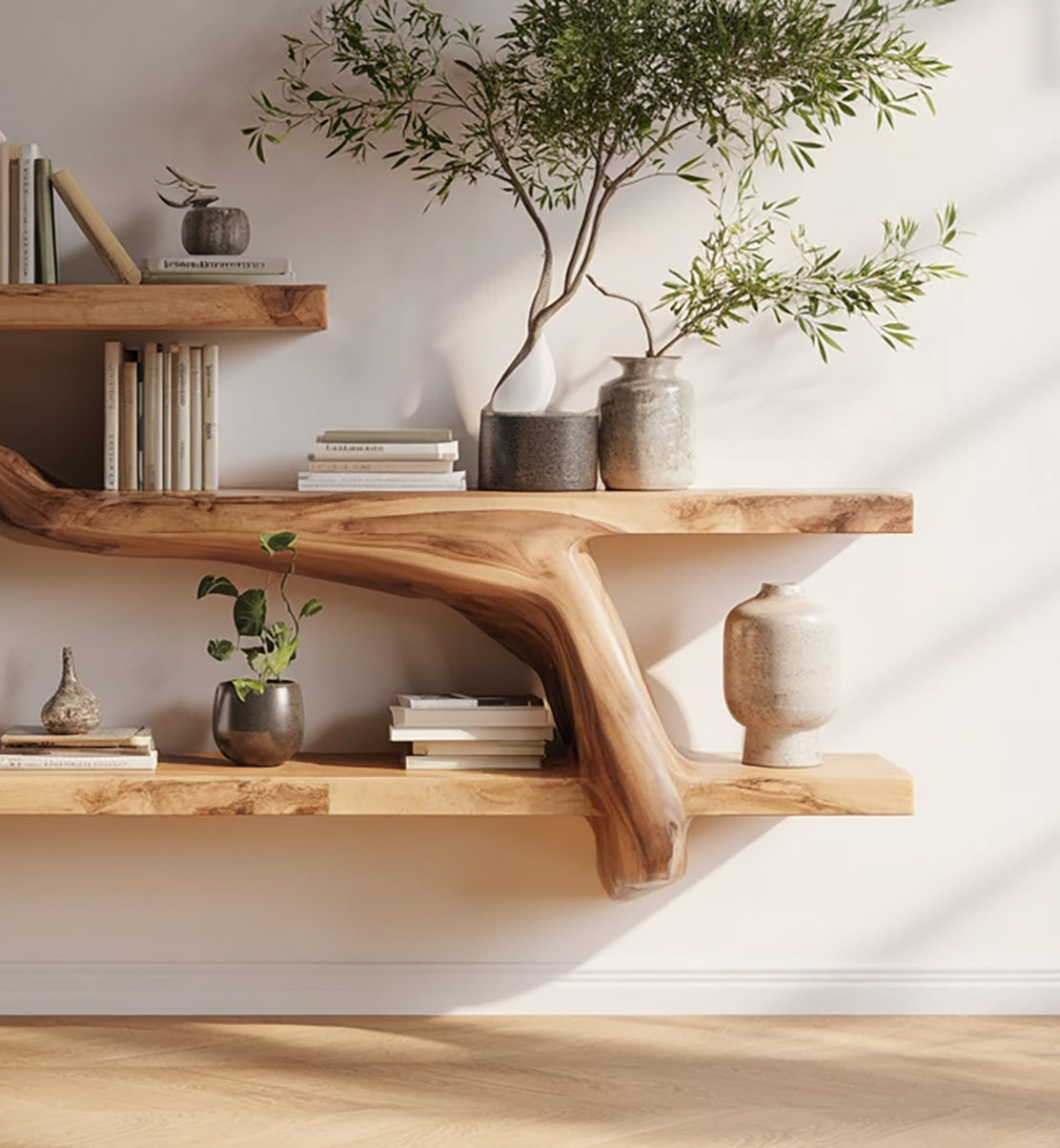 Wandregal aus Massivholz mit Baumast-Kante – handgefertigtes schwebendes Regal