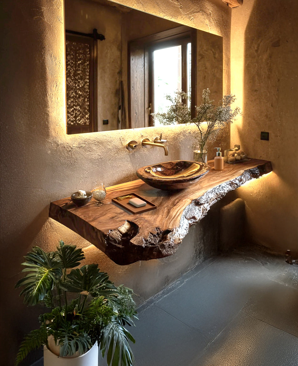 Rustikaler handgefertigter Waschtisch aus Massivholz mit Live-Edge-Design