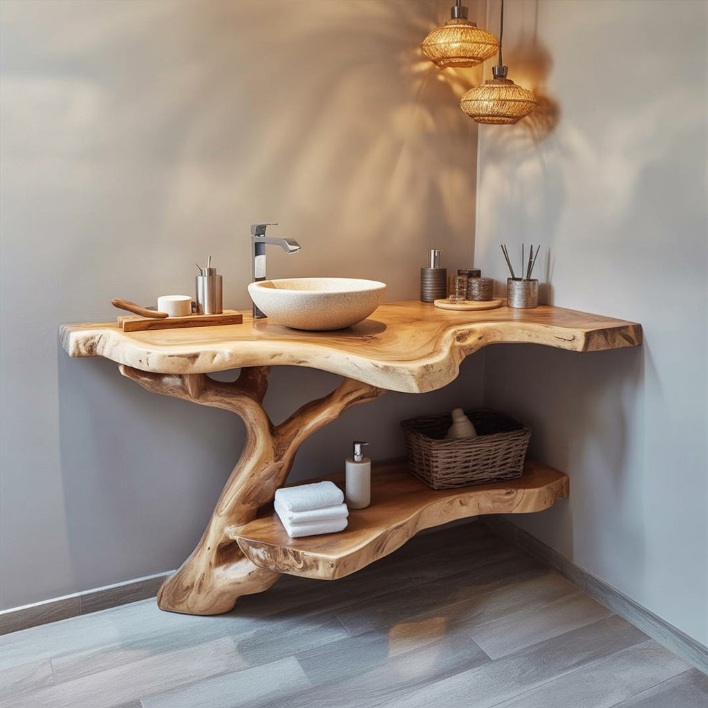 Waschtischunterschrank aus Massivholz mit Live Edge und Baumfuß