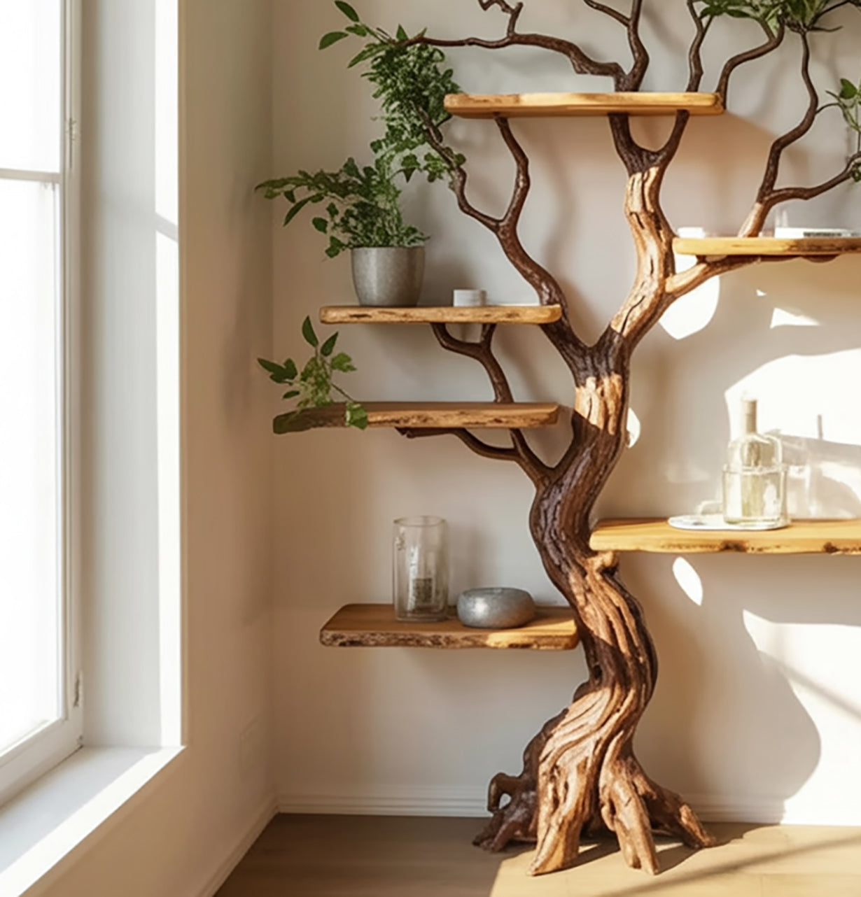 Handgefertigtes Massivholz-Bücherregal – Live Edge Ast Design für Wohnkultur