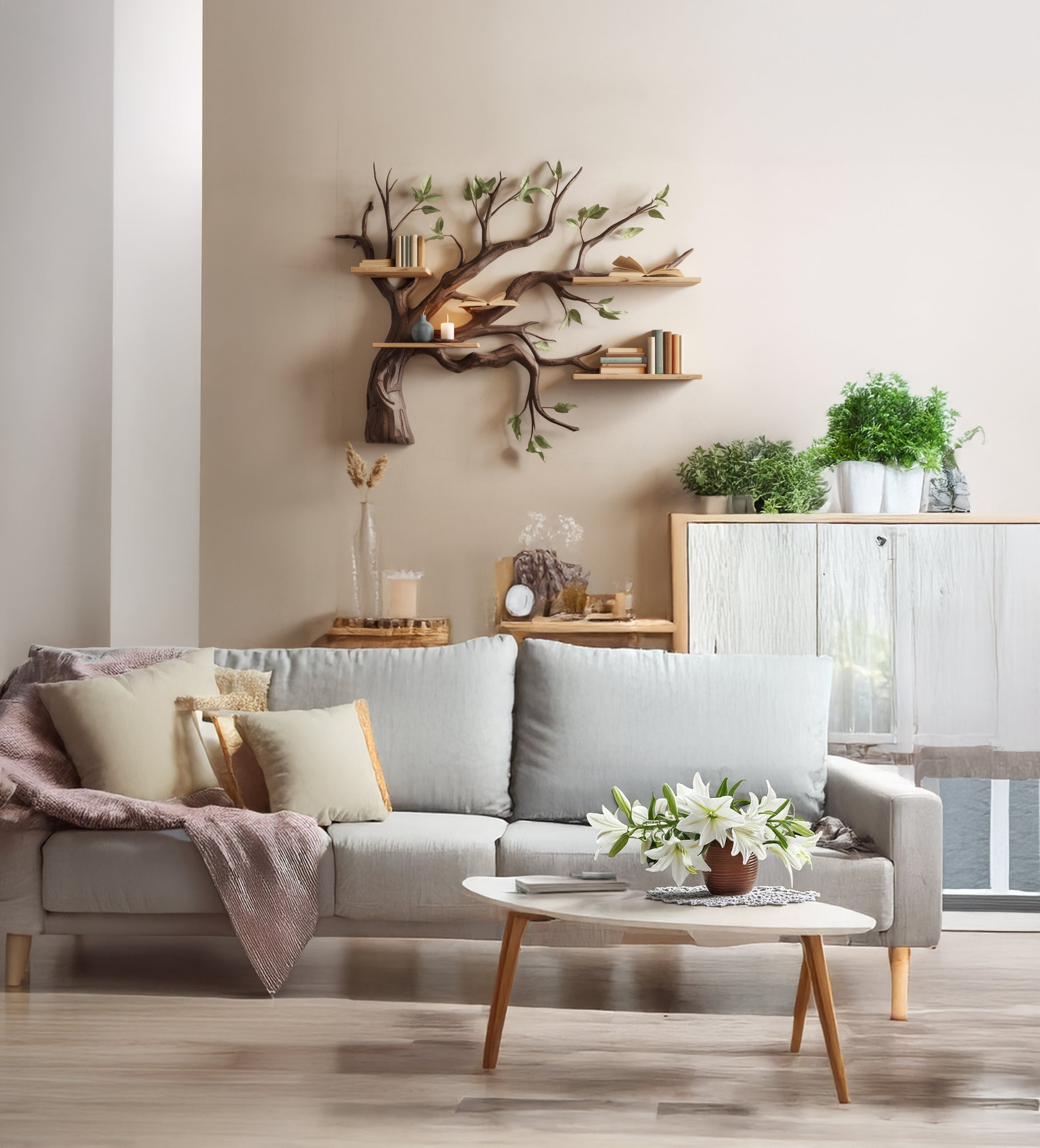 Rustikales Eck-Schweberegal – Wandregal aus Treibholz mit Baumkante