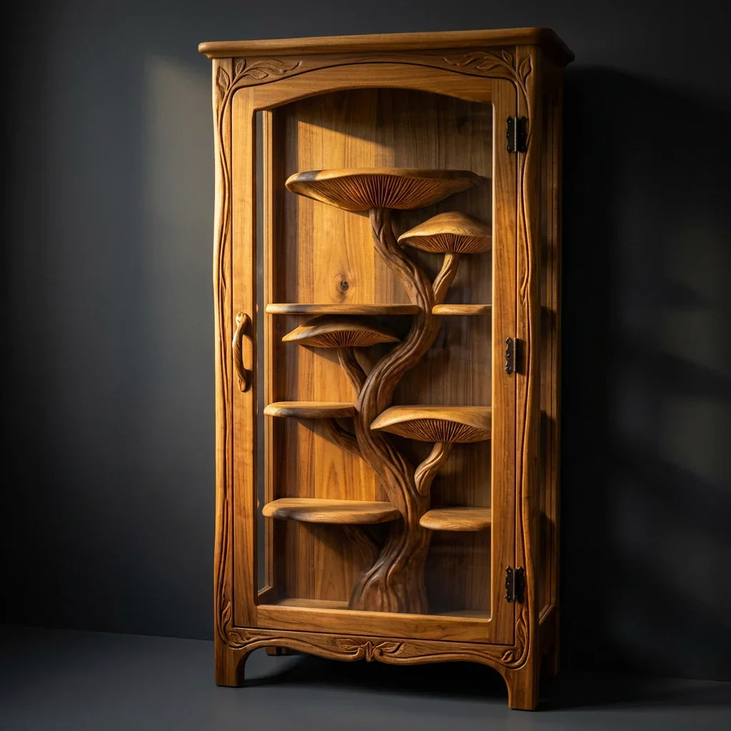 Pilzbaum-Vitrine mit handgeschnitzten Baumstamm-Regalen und Rankenrahmen, handgefertigter Massivholz-Glasschrank für Wohn- und Esszimmer – Ashdeco 2026