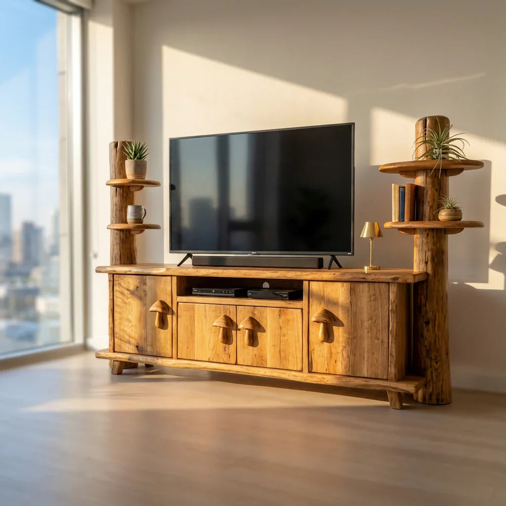 Pilz-Baumstamm-TV-Lowboard mit geschnitzten Pilzgriffen, handgefertigtes Massivholz-Medienmöbel mit Seitenregalen, rustikale Mediakonsole fürs Wohnzimmer – Ashdeco 2026