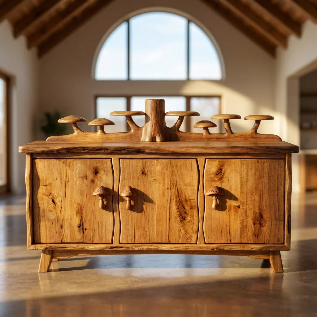 Pilzwald-Sideboard mit geschnitzter Baumstamm-Rückwand und Pilzgriffen, handgefertigtes Massivholz-Buffet, rustikaler Wohnzimmerschrank – Ashdeco 2026