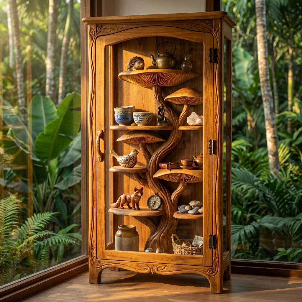 Pilzbaum-Vitrine mit handgeschnitzten Baumstamm-Regalen und Rankenrahmen, handgefertigter Massivholz-Glasschrank für Wohn- und Esszimmer – Ashdeco 2026