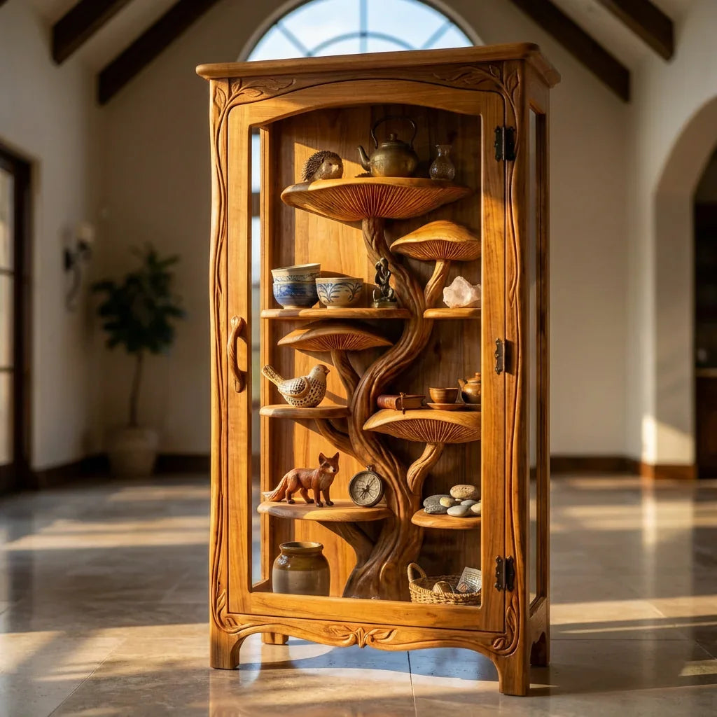 Pilzbaum-Vitrine mit handgeschnitzten Baumstamm-Regalen und Rankenrahmen, handgefertigter Massivholz-Glasschrank für Wohn- und Esszimmer – Ashdeco 2026