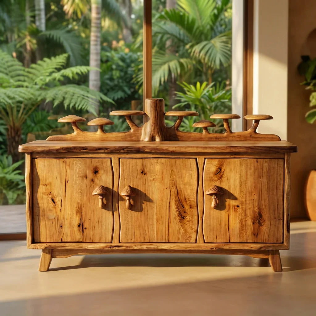 Pilzwald-Sideboard mit geschnitzter Baumstamm-Rückwand und Pilzgriffen, handgefertigtes Massivholz-Buffet, rustikaler Wohnzimmerschrank – Ashdeco 2026