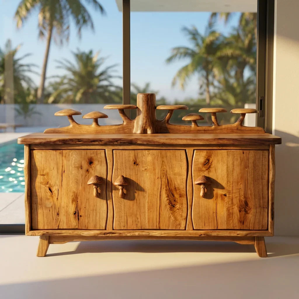 Pilzwald-Sideboard mit geschnitzter Baumstamm-Rückwand und Pilzgriffen, handgefertigtes Massivholz-Buffet, rustikaler Wohnzimmerschrank – Ashdeco 2026