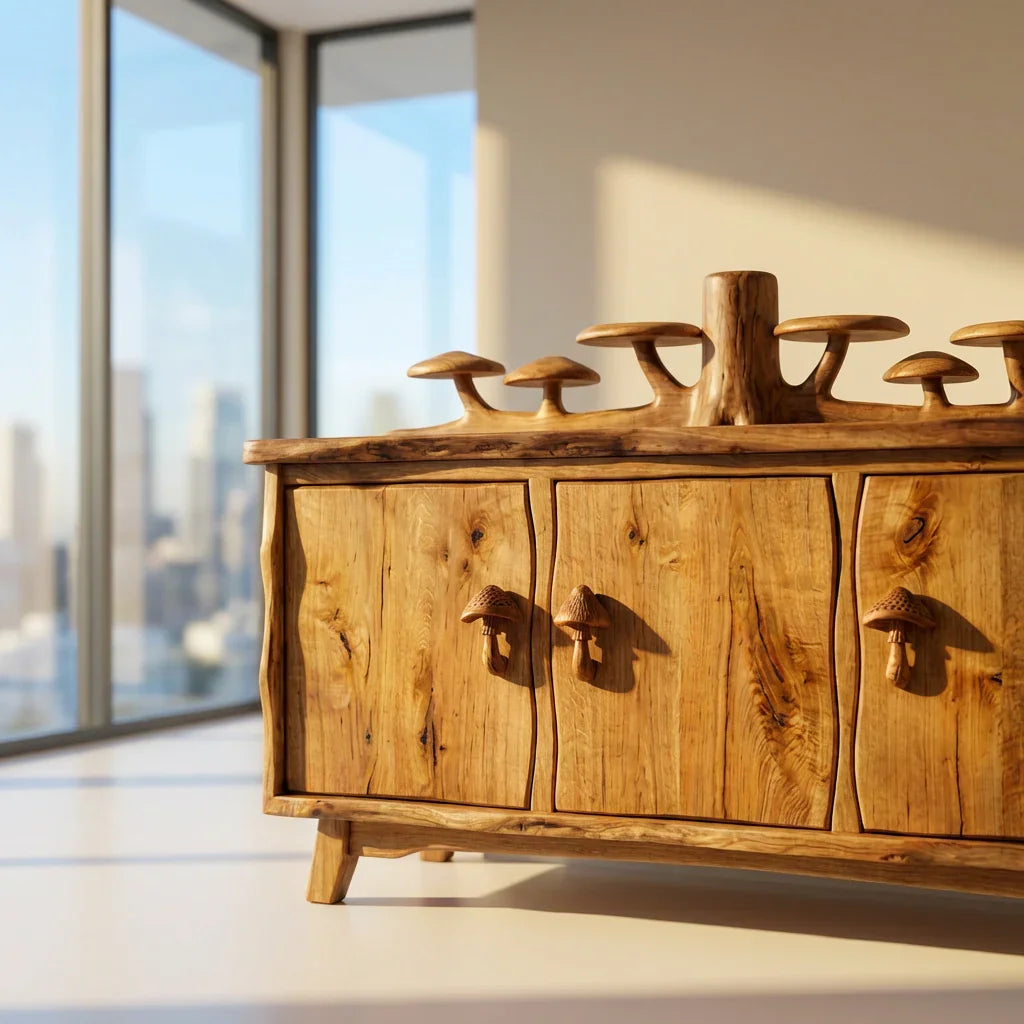Pilzwald-Sideboard mit geschnitzter Baumstamm-Rückwand und Pilzgriffen, handgefertigtes Massivholz-Buffet, rustikaler Wohnzimmerschrank – Ashdeco 2026