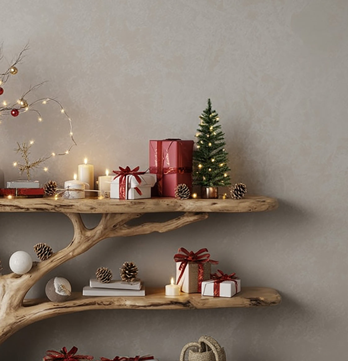 Schmaler Konsolentisch mit Baumast-Bücherregal – Rustikales Live Edge Holz