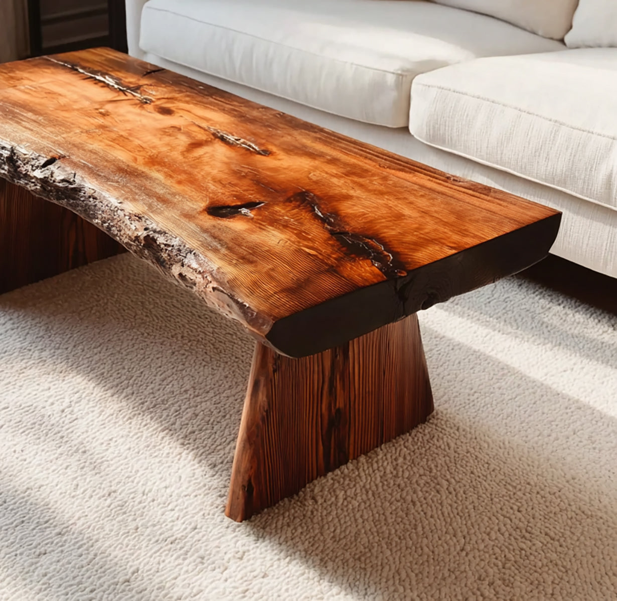 Rustikaler Handgefertigter Massivholz-Couchtisch – Live Edge Landhausstil Tisch