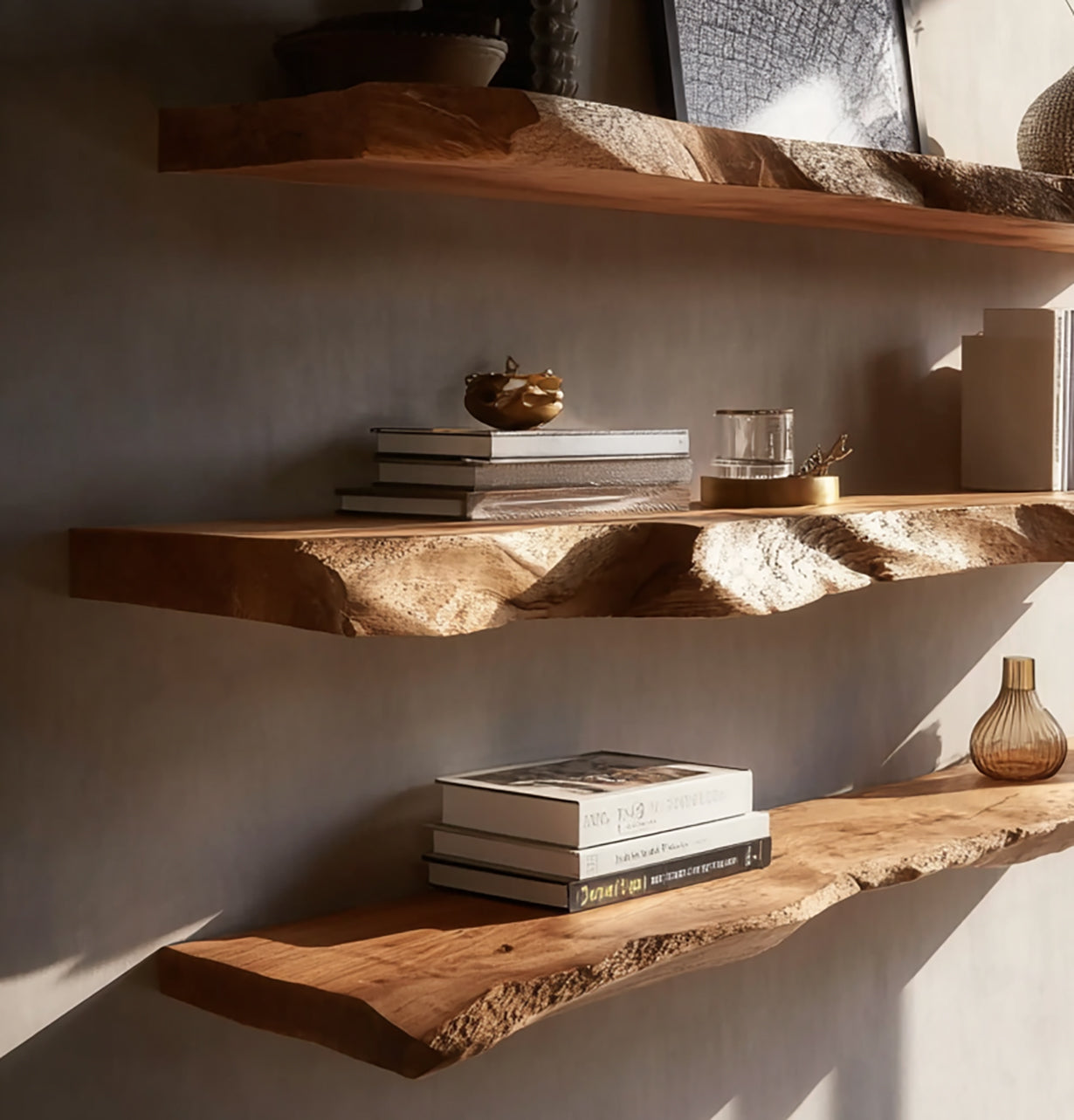 Handgefertigtes Massivholz-Wandregal mit Live Edge – Rustikale Wohnkultur