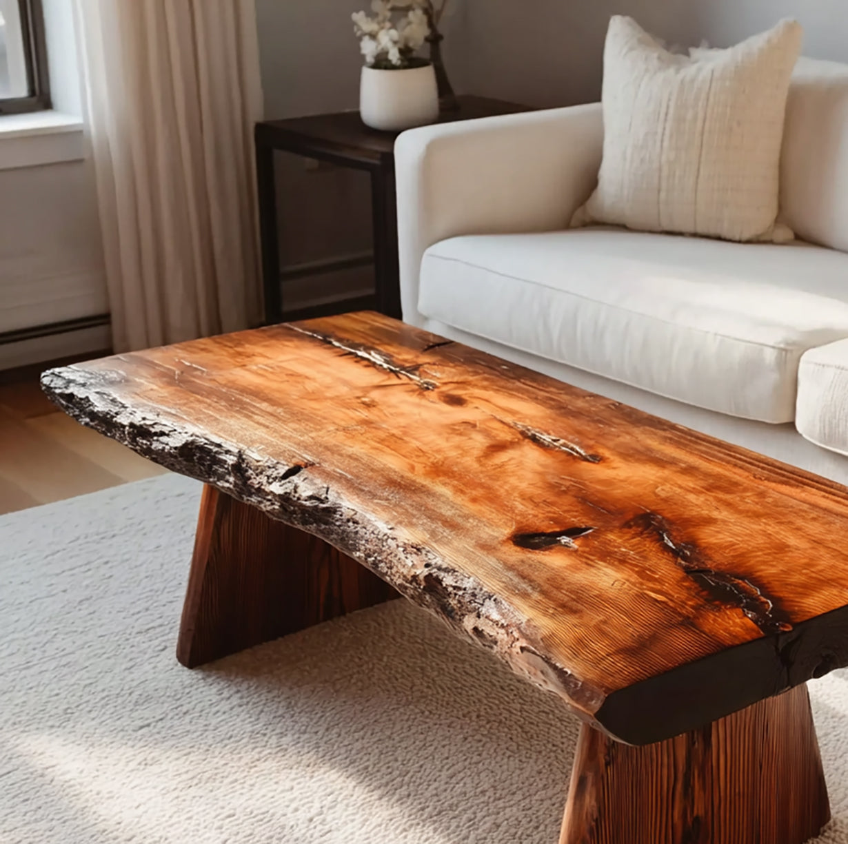 Rustikaler Handgefertigter Massivholz-Couchtisch – Live Edge Landhausstil Tisch