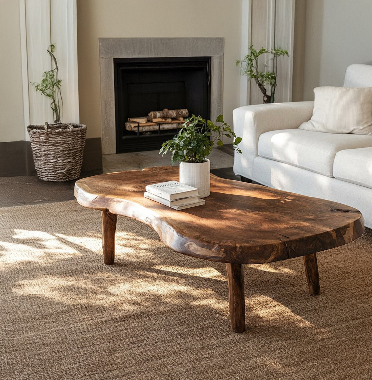 Handgefertigter Massivholz-Couchtisch mit Naturkante – Rustikal & Organisch