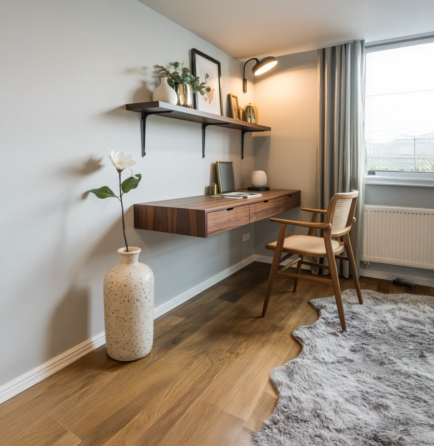 Moderner schwebender Wand-Schreibtisch aus Holz mit Schubladen