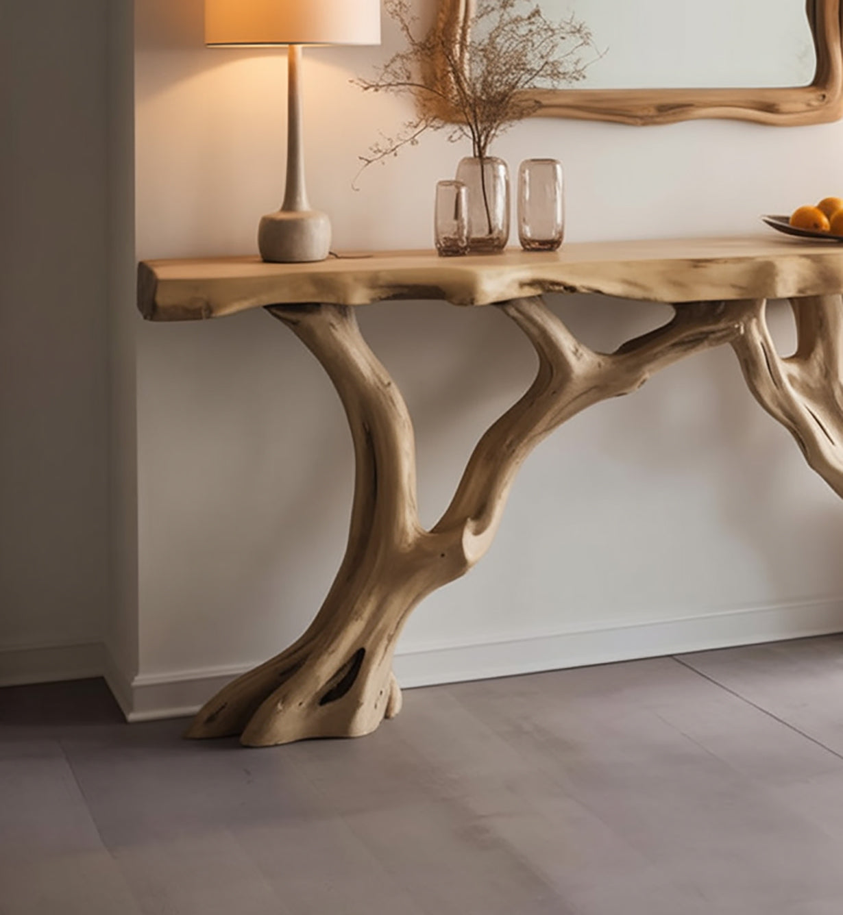 Live-Edge Konsolentisch aus Massivholz mit Baum-Basis – Farmhouse