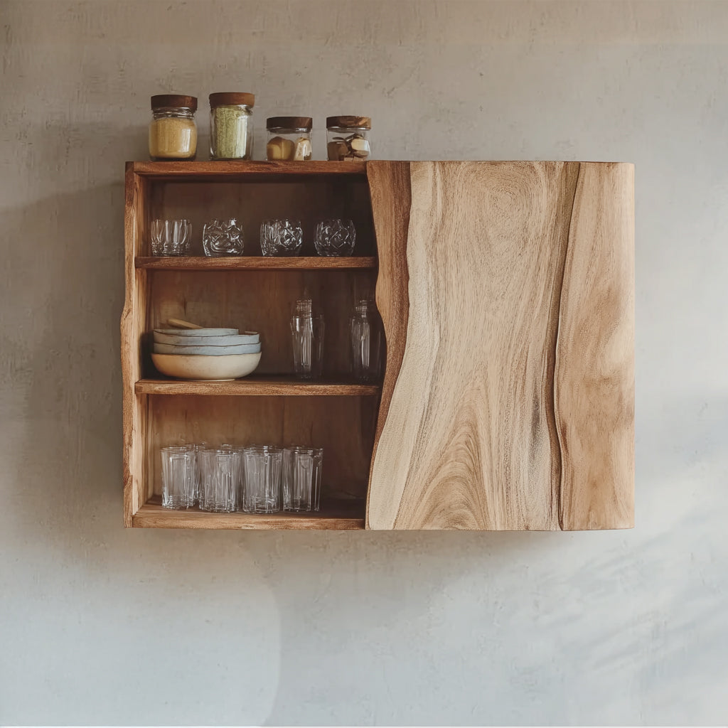 Handgefertigter Massivholz-Wandschrank mit Naturkante – Rustikales Küchenregal