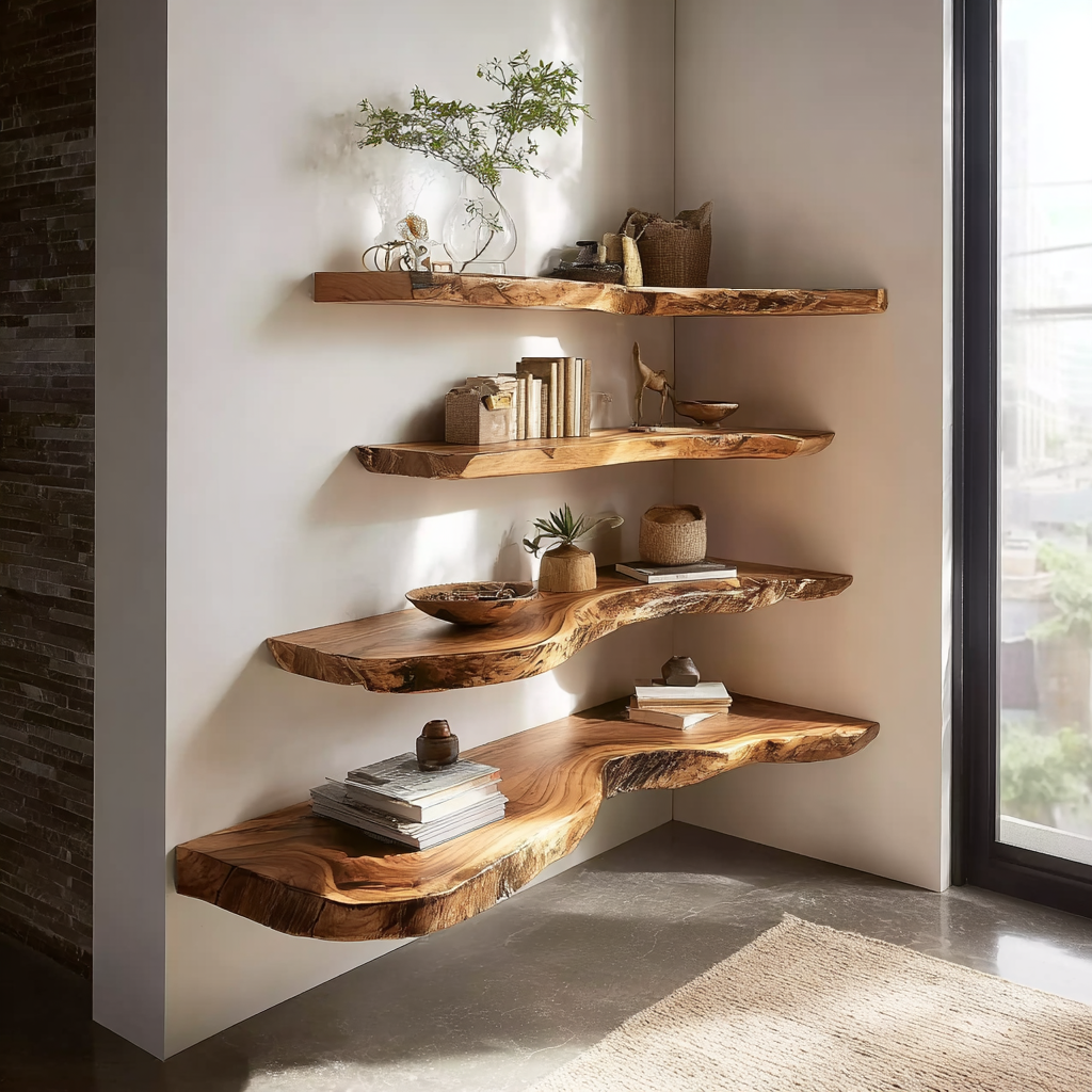 Rustikales Wandregal aus Massivholz mit Live Edge – Walnuss Regal für Wohnkultur
